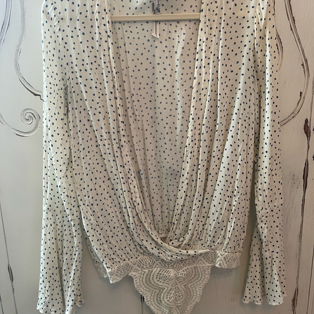 Intimately Free People Polka Dot Drape Front Bodysuit Bell Sleeves M